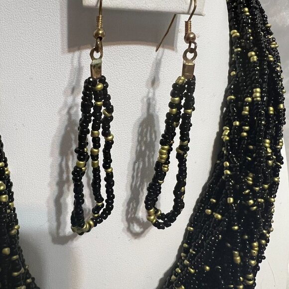 Vintage NENA Multi-strand Black & Gold Seed Bead Necklace, Bracelet & Earrings - Picture 3 of 8